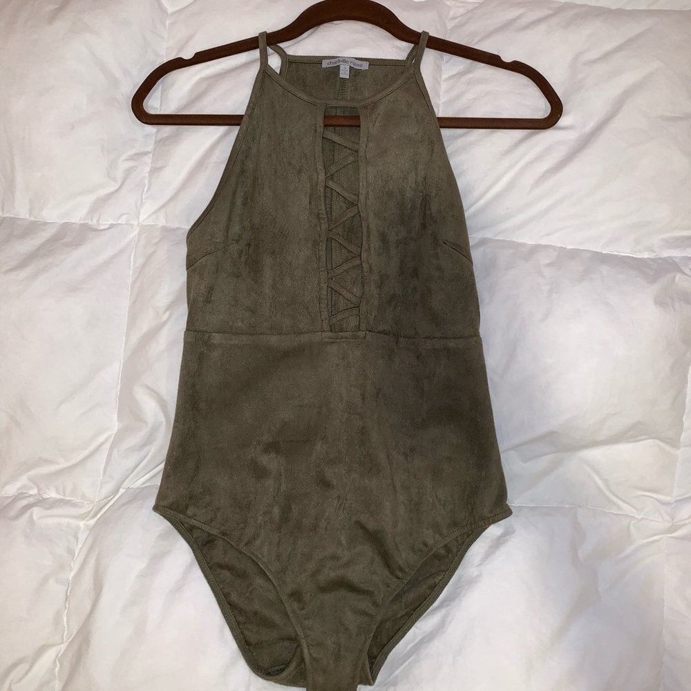 Suede army green onesie from Charlotte Russe.